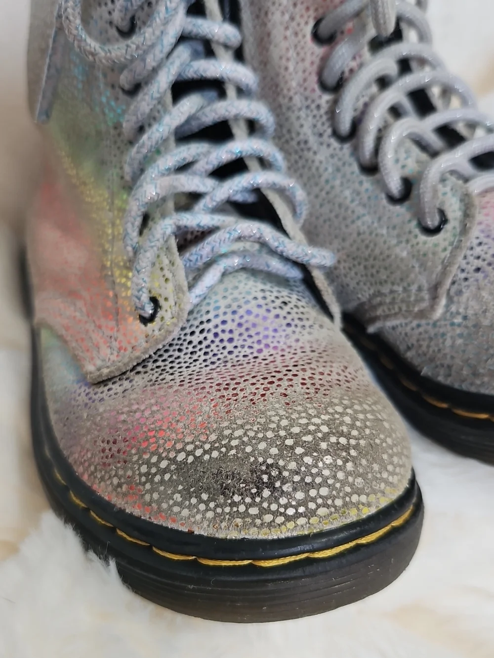 Dr. Martens Kids Iridescent Holographic Lace-Up Boots in Silver and Pastel